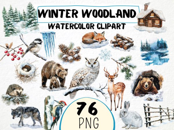 Watercolor Winter Woodland Clipart 76 Png, Snowy Forest Animals, Winter Fox, Owl, Deer, Frosty Pine Tree Cone, Commercial Use, Download