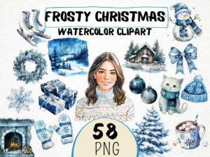 Watercolor Frosty Christmas Clipart 58 Png, Soft Cozy Winter Snow Clipart, Cold Winter Girl in Sweater Cute, Digital Prints Scrapbooking
