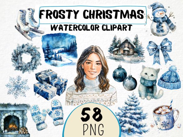 Watercolor Frosty Christmas Clipart 58 Png, Soft Cozy Winter Snow Clipart, Cold Winter Girl in Sweater Cute, Digital Prints Scrapbooking