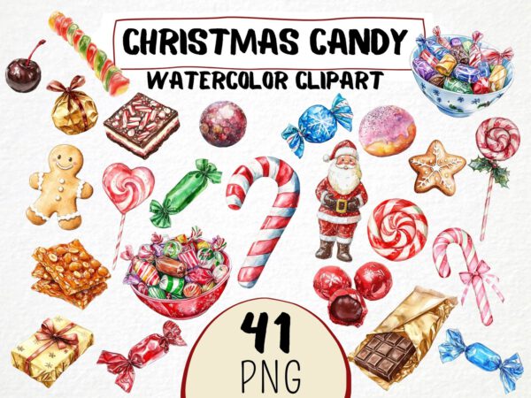 Watercolor Christmas Candy Clipart 41 Png, Festive Sweets, Chocolate Bar, Christmas Wrapped Bonbon, Sugar Cane, Digital Prints Scrapbooking