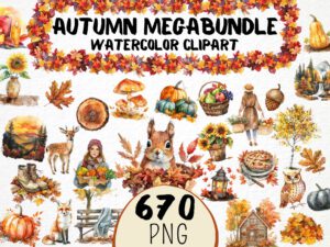 Watercolor Autumn Megabundle, Fall Season Clipart, Autumn Forest Pumpkin, Cozy Autumn, Woodland Animals, Landscapes, Digital Download