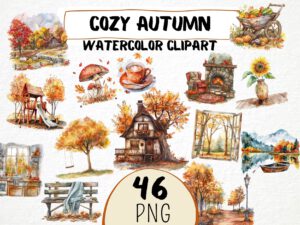 Watercolor Cozy Autumn Clipart 46 Png, Fall Home Fireplace, Autumn Coffee, Fall Window, Digital Download Commercial Use