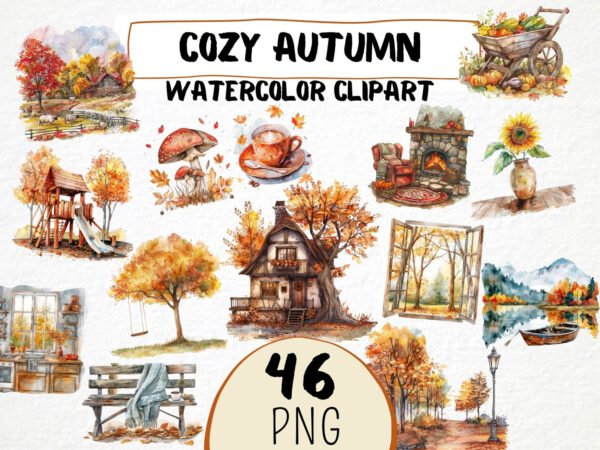 Watercolor Cozy Autumn Clipart 46 Png, Fall Home Fireplace, Autumn Coffee, Fall Window, Digital Download Commercial Use