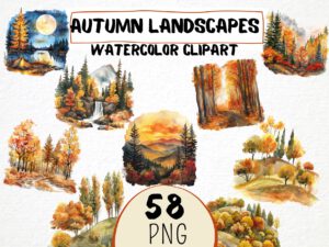 Watercolor Autumn Landscapes Clipart 58 Png, Fall Season Mountain Forest, Autumn Nature, Fall Tree, Commercial Use, Digital Download