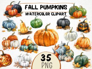 Watercolor Autumn Pumpkin Clipart 35 Png, Halloween Pumpkins Fall Theme, Fall Leaves, Black Pumpkin Art,  Digital Download Commercial Use