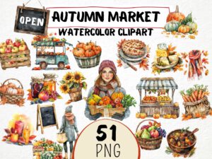 Watercolor Autumn Market Clipart 51 Png, Fall Food Truck, Pumpkin Basket, Autumn Shopping, Cozy Autumn Girl, Digital Download Commercial Use