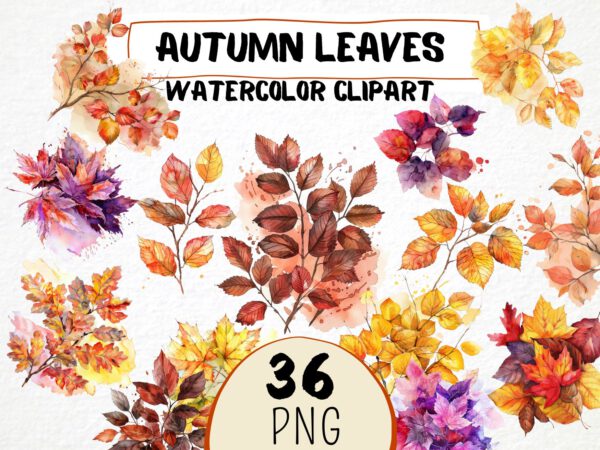 Watercolor Autumn Leaves Clipart 36 Png, Fall Leaves Season Graphics, Autumn Crafting, Card Making, Mixed Media Fall Forest, Commercial Use