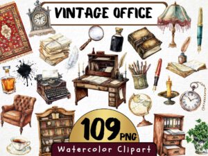 Vintage Office Clipart 109 Png, Watercolor Victorian Writing Room Illustration, Antique Study Digital Print, Scrapbooking Instant Download