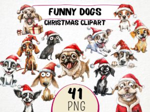 Funny Christmas Dogs Clipart 41 Png, Festive Caricature Puppies, Quirky Dog Clipart, Pet Santa Hat Animals, Digital Prints Scrapbooking