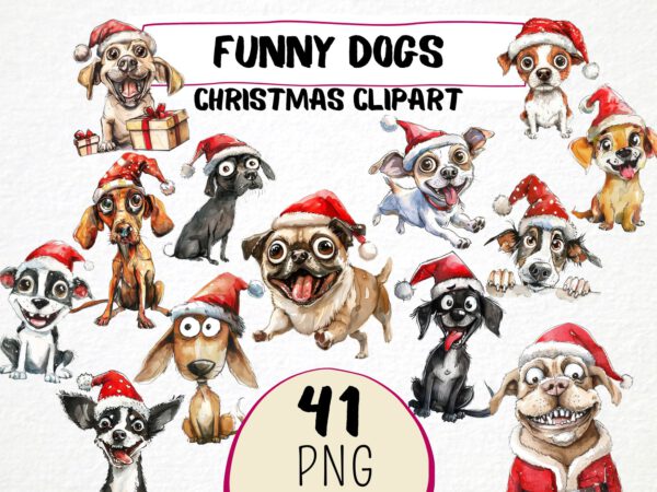 Funny Christmas Dogs Clipart 41 Png, Festive Caricature Puppies, Quirky Dog Clipart, Pet Santa Hat Animals, Digital Prints Scrapbooking
