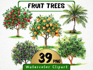 Fruit Trees Clipart 39 Png, Watercolor Summer Fruits Garden, Home Grown Apple Tree Instant Download, Scrapbook, Digital Art Commercial Use