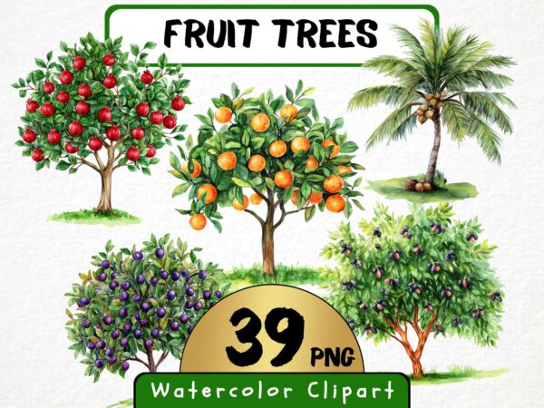 Fruit Trees Clipart 39 Png, Watercolor Summer Fruits Garden, Home Grown Apple Tree Instant Download, Scrapbook, Digital Art Commercial Use