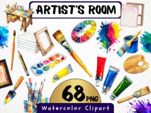Watercolor Artist Room Clipart 68 Png Watercolor Art Supplies Graphic, Painting Creative Hobby Studio Colors Commercial Use Instant Download