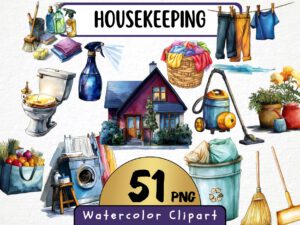 Watercolor Housekeeping Clipart 49 Png Household Chores Graphic, Laundry Basket Clipart, Hanging Clothes, Commercial Use Instant Download