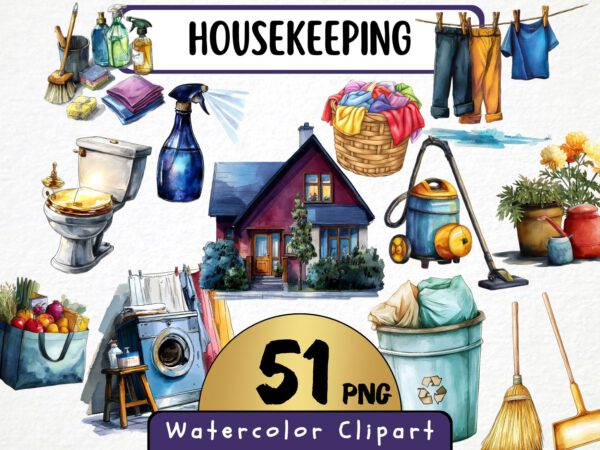 Watercolor Housekeeping Clipart 49 Png Household Chores Graphic, Laundry Basket Clipart, Hanging Clothes, Commercial Use Instant Download