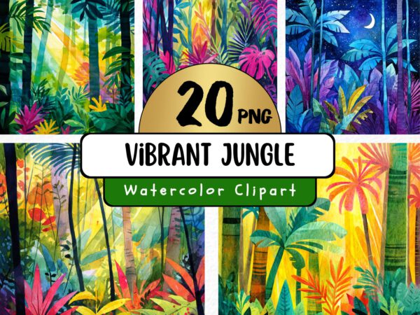 20 High Quality Watercolor Vibrant Jungle Designs Png, Amazon Rainforest Illustration, Scrapbook, Wall Art, Digital Download, Commercial Use
