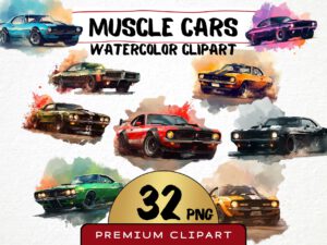 Cool Muscle Cars Watercolor Clipart 32 Png, Classic American Race Car Nursery Clipart, invitation card, Boys T shirt Graphics Commercial Use