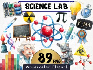 Science Lab Clipart 89 Png, Physics Watercolor Radioactive Atom Illustration, Chemistry Class Experiment, Maths Formula Digital Download