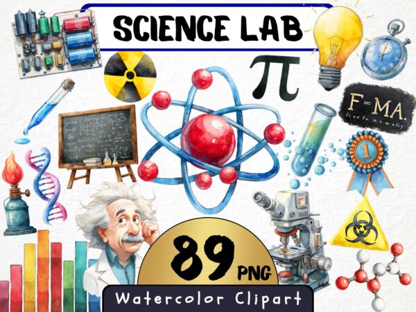 Science Lab Clipart 89 Png, Physics Watercolor Radioactive Atom Illustration, Chemistry Class Experiment, Maths Formula Digital Download