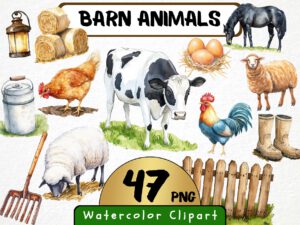 Barn Animals Clipart 47 Png, Watercolor Farm, Cute Cow Illustration, Sheep Art, Goat Clipart, Pig, Horse, Chicken Coop, Digital Download