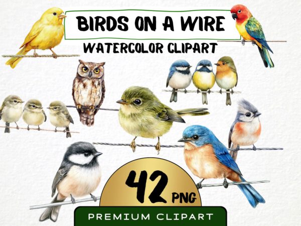 Birds on a Wire Clipart 42 Png, Watercolor Cute Bird Illustration, Songbird on Branch, Forest Birds Bluetit Collection, Digital Prints