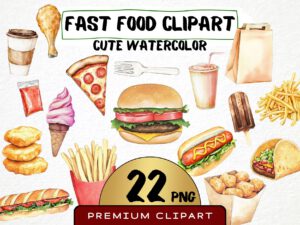 Watercolor Fast Food Clipart 22 Png, Cute Hot Dog, Kids Illustration, Junk Food, Burger and Fries Clipart Digital Prints, Commercial Use