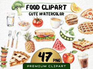 Watercolor Food Clipart 47 Png, Cute Breakfast, Kids Illustration, Junk Food, Healthy Veggies, Fruits Clipart Digital Prints, Commercial Use