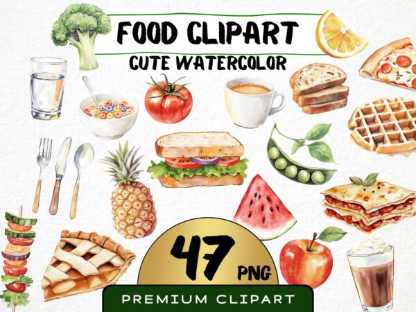Watercolor Food Clipart 47 Png, Cute Breakfast, Kids Illustration, Junk Food, Healthy Veggies, Fruits Clipart Digital Prints, Commercial Use