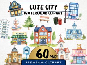 Cute City Clipart 60 Png, Watercolor School Building Graphics, House Illustration, Urban Digital Prints, Instant Download, Nursery Scrapbook