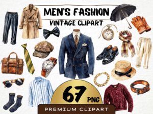 Men's Vintage Fashion Clipart 67 Png Watercolor Wardrobe Clothes, Classy Menswear Suit, Gentleman Style, Commercial Use Instant Download