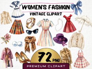 Women's Vintage Fashion Clipart 67 Png Watercolor Lady Wardrobe Clothes, Floral Dress, Classic Femininity, Commercial Use Instant Download