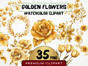 Golden Flowers Clipart, 35 Metallic Floral Graphics, Golden Roses Png, Floral Overlays Crafting Material, Scrapbooking Art Invitations