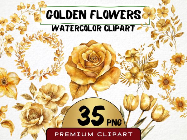 Golden Flowers Clipart, 35 Metallic Floral Graphics, Golden Roses Png, Floral Overlays Crafting Material, Scrapbooking Art Invitations