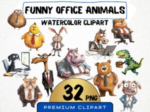 Funny Office Animals Clipart 32 Png, Cute Cartoon Business Animals, Silly Workplace Print, Office Dog Card Making, Digital Art, Scrapbooking