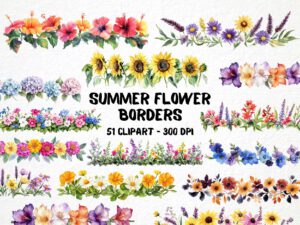 Watercolor Summer Flower Borders 51 Png Clipart Bundle, Sunflower Wreath, Floral Scrapbooking, Card Making Stationery Border, Commercial Use