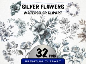 Silver Flowers Clipart, 32 Metallic Floral Graphics, Silvery Roses Png, Floral Overlays Crafting Material, Scrapbooking Art Invitations