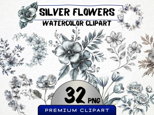 Silver Flowers Clipart, 32 Metallic Floral Graphics, Silvery Roses Png, Floral Overlays Crafting Material, Scrapbooking Art Invitations