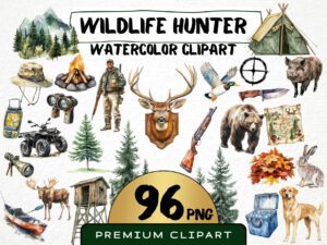 Watercolor Wildlife Hunter 96 Png Clipart Bundle, Forest Game Hunting, Deer Illustration Scrapbooking, Card Making, Woodland Commercial Use