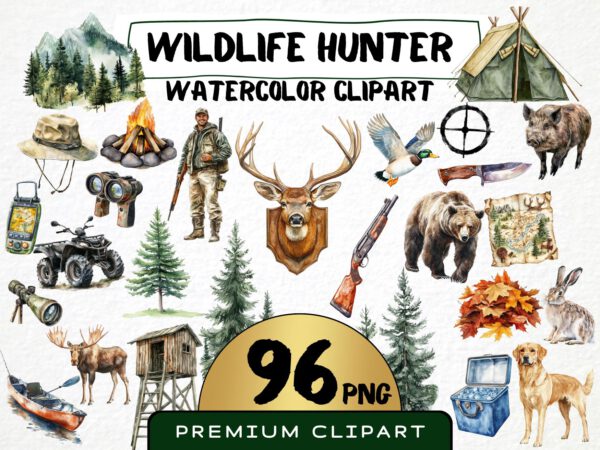 Watercolor Wildlife Hunter 96 Png Clipart Bundle, Forest Game Hunting, Deer Illustration Scrapbooking, Card Making, Woodland Commercial Use