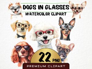 Dogs in Glasses Clipart 22 Png, Watercolor Puppy wearing Glasses Art, Funny Dog Portrait, Cute Labrador Face Illustration, Commercial Use