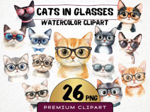 Cats in Glasses Clipart 26 Png, Watercolor Kitten wearing Glasses Art, Funny Cat Portrait, Cute Cat Face Illustration, Commercial Use