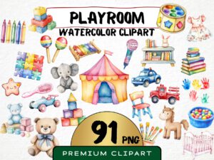 Watercolor Playroom Clipart 91 Png, Childrens Toys Cute Playtime Illustration, Kindergarden Nursery Boys and Girls Toys, Commercial Use