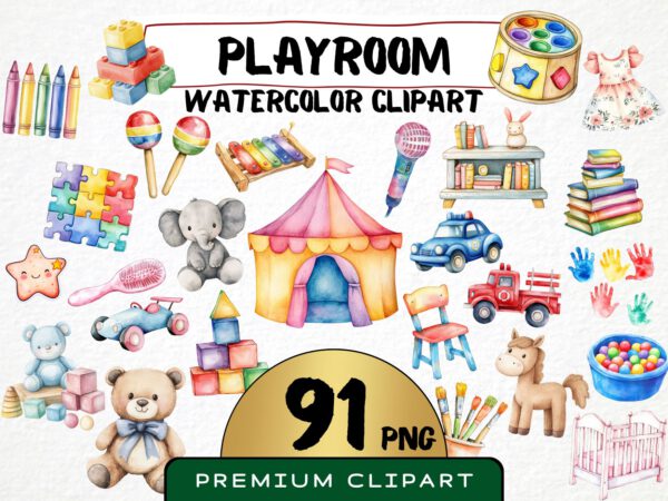 Watercolor Playroom Clipart 91 Png, Childrens Toys Cute Playtime Illustration, Kindergarden Nursery Boys and Girls Toys, Commercial Use