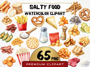 Watercolor Salty Food Clipart 65 Png, Snacks Illustrations Pretzel, Popcorn, Chips Art, Fries, Summer Food Digital Prints, Commercial Use