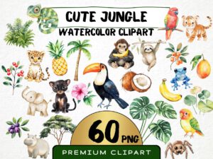 Cute Jungle Animals Clipart 60 Png, Watercolor Tropical Jungle Adventure Nursery, Digital Download, Toucan, Gorilla, Coconut, Commercial Use