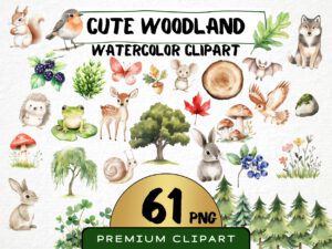 Cute Woodland Clipart 61 Png, Watercolor Forest Animals Nursery, Digital Download, Bunny, Fox, Racoon, Deer png, Commercial Use, Pine Tree