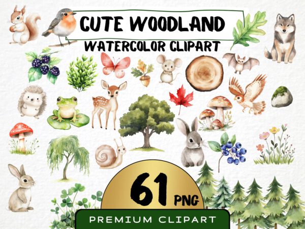 Cute Woodland Clipart 61 Png, Watercolor Forest Animals Nursery, Digital Download, Bunny, Fox, Racoon, Deer png, Commercial Use, Pine Tree
