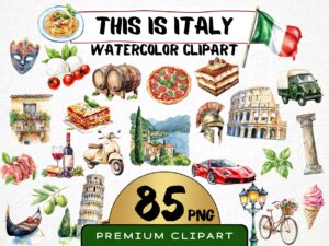 Watercolor Italy Clipart 85 Png, Italian Food Clipart, Summer Italy Trip Tradition, Rome Street, Clipart Instant Download Pizza, Colosseum