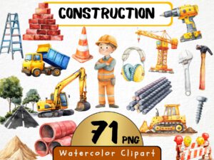 Watercolor Construction Clipart 71 PNG, Cute Excavator Vehicle, Construction Worker, Builder Kids, Boys Room Decor, Journaling Scrapbook