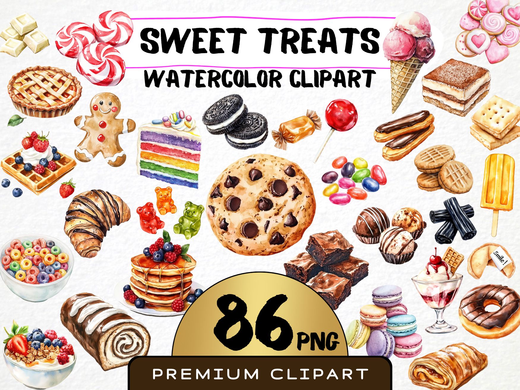 Watercolor Sweet Treats Clipart 86 Png, Cakes & Cookies Illustrations Chocolate Art, Birthday Cake, Ice Cream Digital Prints, Commercial Use